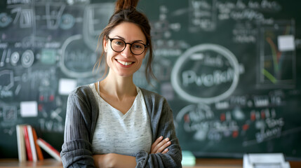 A portrait of female teacher standing in front of the blackboard with her arms crossed, smiling at the camera. Teachers day. Back to school. Student day