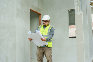 Asian male in safety vest and helmet intently scrutinizes architectural plans outdoors, amidst...
