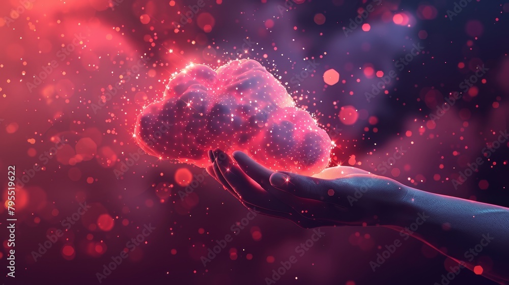 Poster cloud computing: a 3d vector illustration of a hand uploading data to a cloud