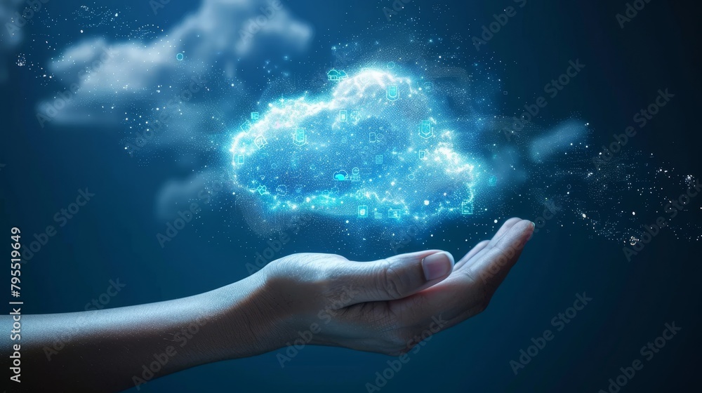 Poster cloud computing: a 3d vector illustration of a hand holding a cloud with digital data inside