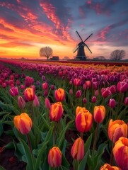 vibrant tulip field swaying gently in breeze onsunny day landscape photo