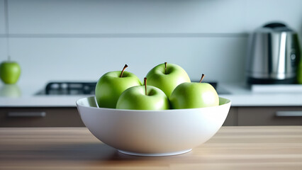Green apples in white plate on the table on blurred interor of kitchen 