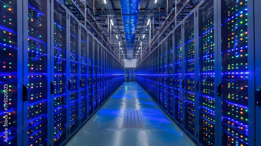 Poster cloud computing: an image of a server room with rows of servers