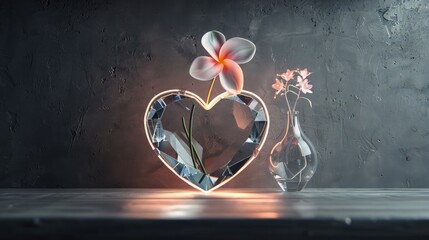 A surreal 3D render of a crystal heart, pulsating with multicolored neon lights, encircled by delicate neon peonies that shimmer against a backdrop of cosmic black. 