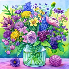 Colorful spring flowers in a glass vase 