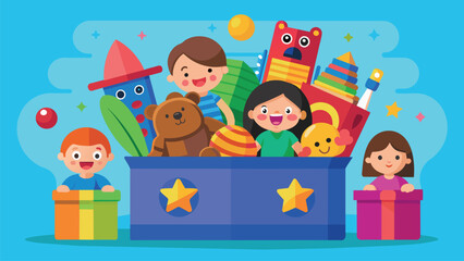 a set of children's toys in a kindergarten or playroom. bears, bunnies, boxes and cheerful children