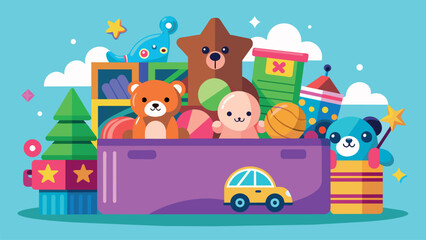 a set of children's toys in a kindergarten or playroom. bears, bunnies, boxes and cheerful children