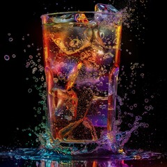 beautiful color A glass of cold fanta with ice, bubbles fizzing up cinematic
