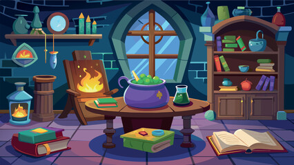 house of a witch or sorcerer with a bunch of different elements in the form of a potion, a book of spells, an open fire,