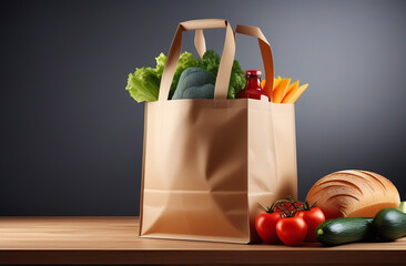 Eco friendly reusable shopping bag filled with products on grey background. Shopping or delivery healthy food