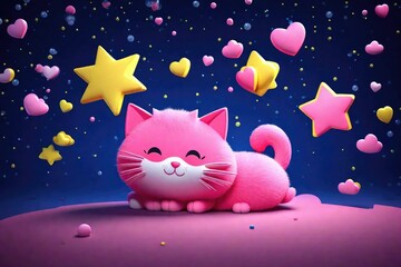 Fluffy pink cartoon cat sleeps lying on a yellow star floating in the night sky on a dark blue background with white bubbles, a red heart shape. Kawaii star with smiling face, eyes, cheeks