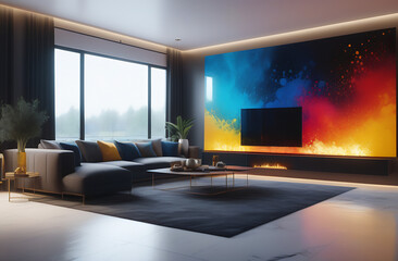 Interior of living room with dark modern sofa, big picture, carpet and window. Cozy interior with brightly details 