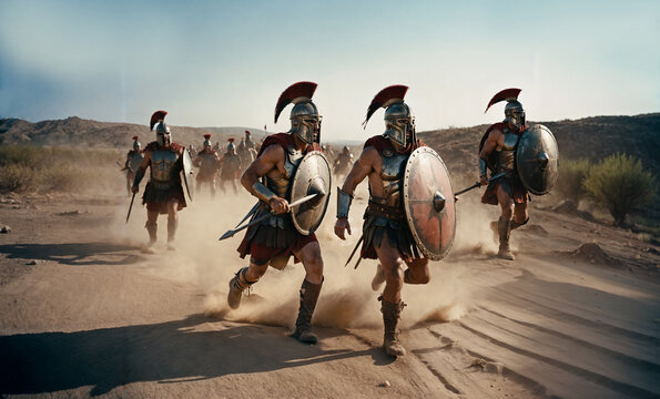 Ancient historical soldiers or Roman warlord attacks, running so