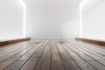 A minimalist stage set against a white blank background, featuring a sleek, polished wooden floor
