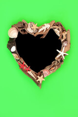 Seashell driftwood heart shape wreath abstract design on green background with chalkboard. Creative natural wood nature sea life composition.