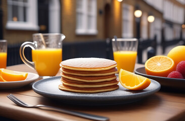 Delicious breakfast with orange juice and pancakes. Breakfast in restaurant  on blurred background of city