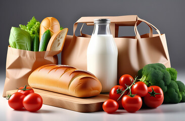 Eco friendly reusable shopping bag filled with products on grey background. Shopping or delivery healthy food