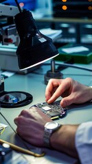 A technician's hands conducting forensic analysis on a hard disk, set in a police or investigative lab, highlighting data examination and law enforcement, super realistic