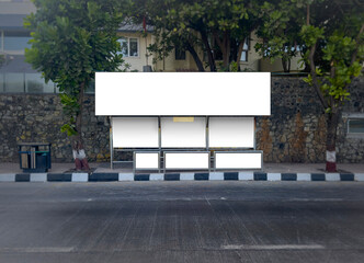 A front view of bus stop in Mumbai, India with blank empty place for commercial banner mockup billboard, ooh, outdoor. Indian bus stop mock-up for branding. A complete bus mockup for advertising.