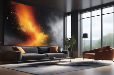 Interior of living room with dark modern sofa, big picture, carpet and window. Cozy interior with yellow details 