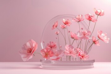 3D display podium pastel pink flower background with round glass frame.. Nature minimal pedestal for beauty, cosmetic product presentation. 