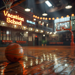 A basketball court with a ball in floor and stadium lights Vacation Bible School sign. Church Summer camp. - obrazy, fototapety, plakaty