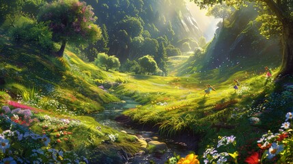 A serene summer forest landscape featuring tall, lush green trees under a clear blue sky. The ground is carpeted with vibrant green grass and dotted with small wildflowers in various colors. 