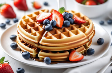 Belgian waffles with strawberries and blueberries on white plate, delicious brekfast	