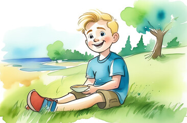 Handsome blonde boy read letter on the grass, watercolor