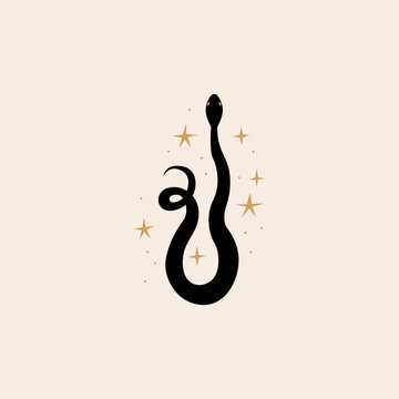 Silhouette of snake and stars. Bohemian mystical clipart. Vector illustration of serpent. Boho minimalist logo