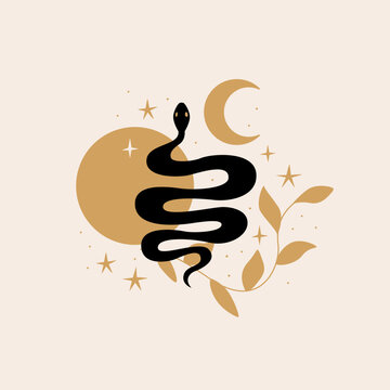 Mystical snake vector illustration. Silhouette logo of serpent with moon and leaves. Boho witchcraft poster