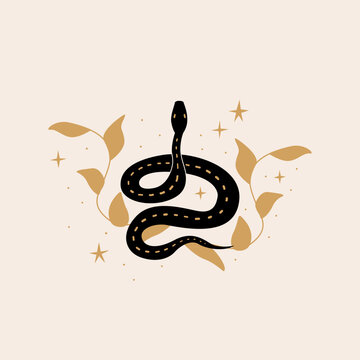 Mystical snake vector illustration. Silhouette logo of serpent with branch leaves. Boho witchcraft poster