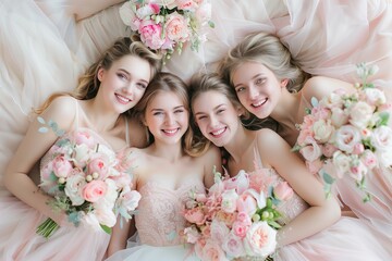 Young bridesmaids smiling lying down looking up with  bouquets of flowers