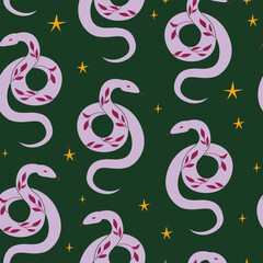 Seamless pattern with silhouette of snakes and leaf branches. Vector flat background in boho style