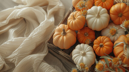 Pumpkins arranged on wooden tray, top view 