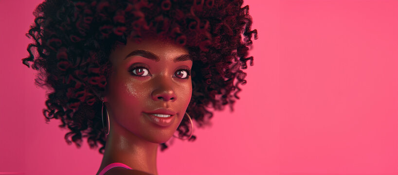 Lively African woman model with brown short afro hairstyle and a pink shirt on a pink background posing and looking at the camera.