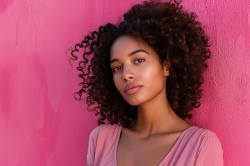 Lively African woman model with brown short afro hairstyle and a pink shirt on a pink background posing and looking at the camera.