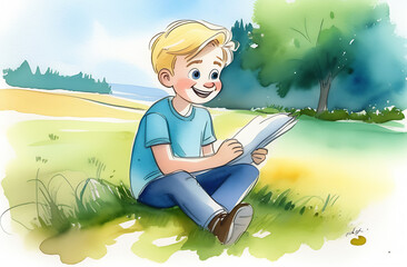 Handsome blonde boy read letter on the grass, watercolor