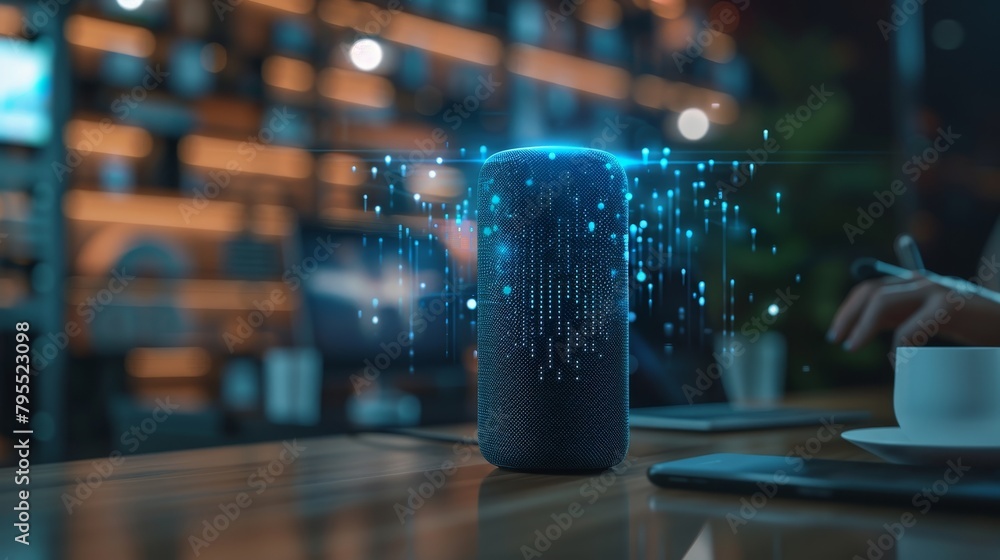 Poster e-commerce: an image of a person using a smart speaker to order products online
