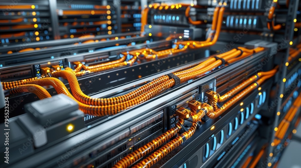 Poster internet infrastructure: a 3d vector illustration of network cables connecting servers in a data cen