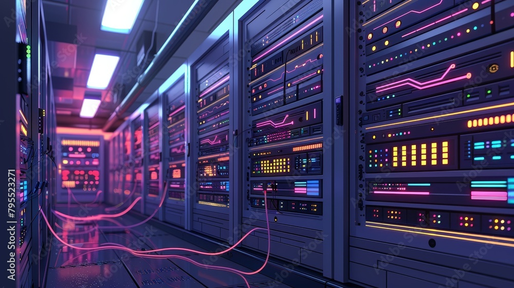Poster internet infrastructure: a 3d vector illustration of network switches and routers in a data center