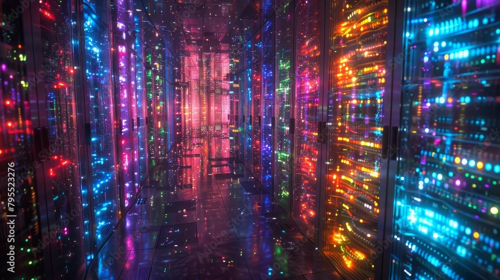 Poster internet infrastructure: a photo of a data center illuminated with colorful lights