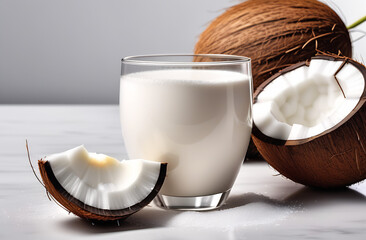 Coconut milk in glasses on white background. Coconut cocktail with coconut on white background 