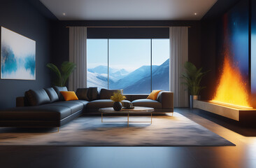 Interior of living room with dark modern sofa, big picture, carpet and window. Cozy interior with yellow details 