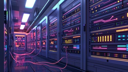 Naklejka premium Internet Infrastructure: A 3D vector illustration of network switches and routers in a data center
