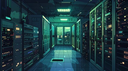Internet Infrastructure: A vector illustration of a server room with rows of servers and network equipment
