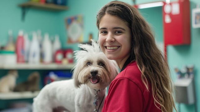 Portrait of smiling female professional groomer at pet  grooming salon. Grooming and pet care concept