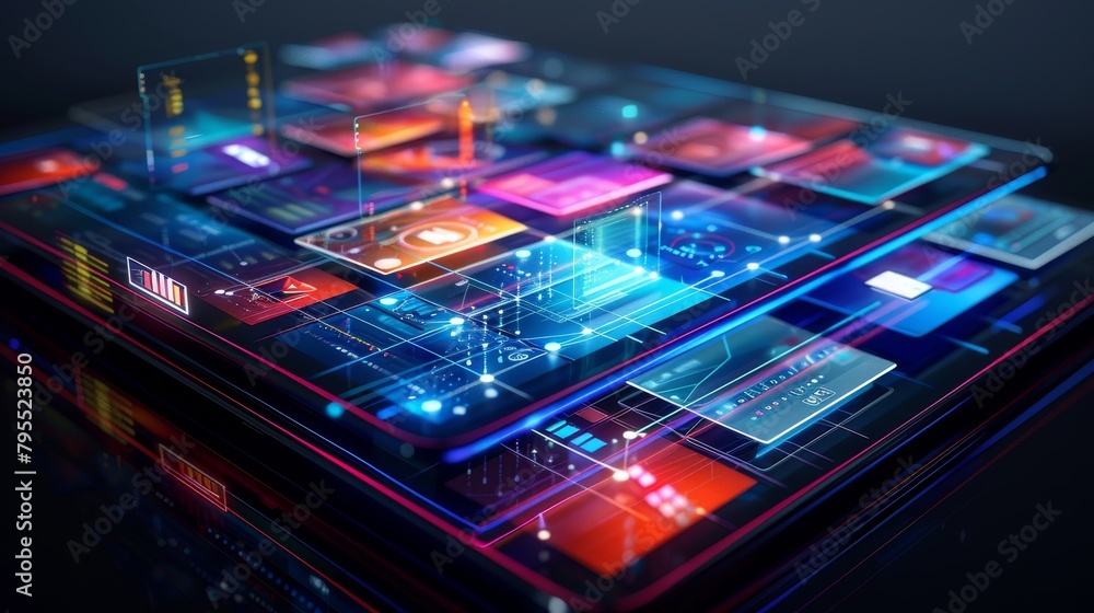 Poster smartphones and devices: a 3d vector illustration of a tablet with multiple app windows open