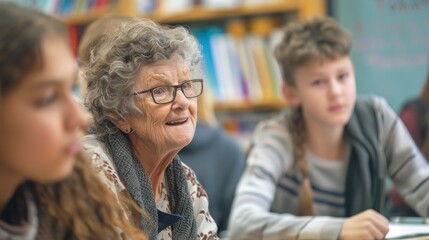 grandmother being a student in a classroom with her teenage classmates. learning concept