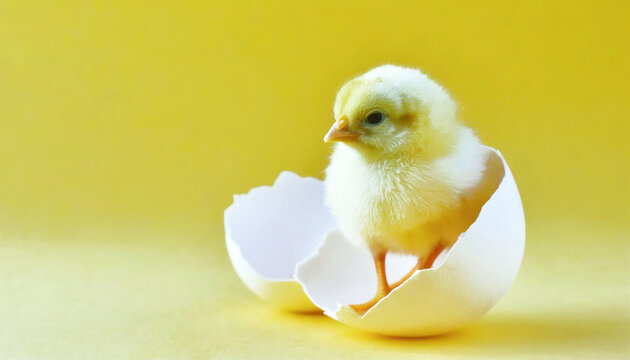 Chick in an eggshell on a yellow background, illustration. AI